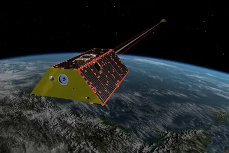 An illustration of GRACE-FO in orbit. 