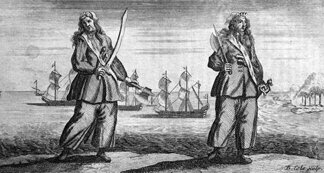 Anne Bonny (left) and Mary Read, as rendered in A General History of the Pyrates