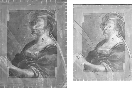 Underdrawing as seen under X-ray (left) and underdrawing superimposed with elements of 1619 portrait (right)