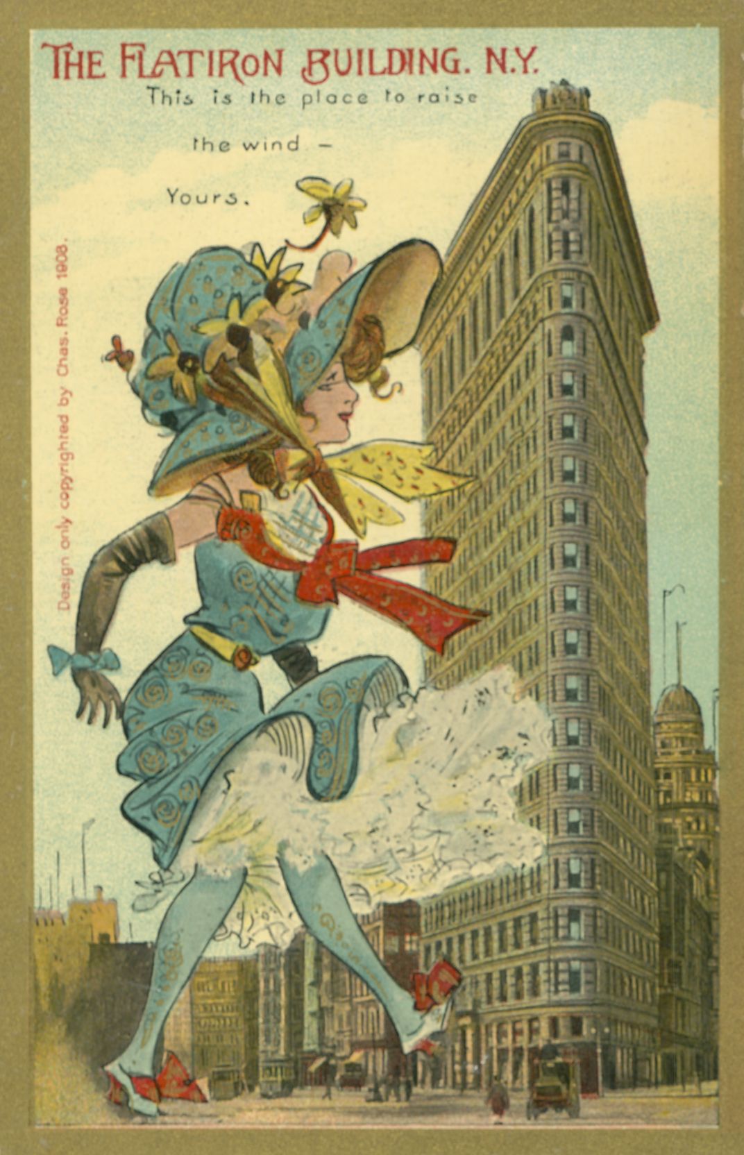 A postcard featuring the Flatiron Building from 1908
