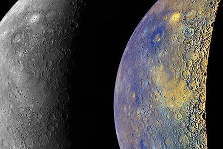 MESSENGER last year revealed another side of Mercury, color-enhanced to show the differences in surface geology.