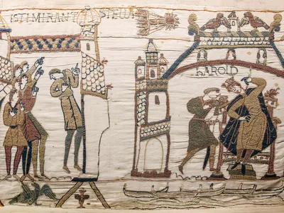 The Bayeux Tapestry tells the story of William the Conqueror's invasion of England.