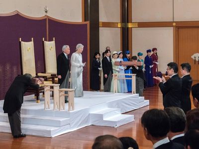 In this handout image provided by Imperial Household Agency, Japanese Emperor Akihito and Empress Michiko attend the abdication ceremony at the Imperial Palace on April 30, 2019 in Tokyo, Japan.