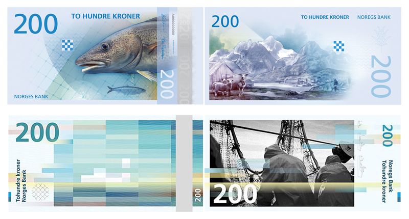 Top: The Metric System’s proposed 200 krone note. Bottom: Snøhetta’s proposed 200 krone note.