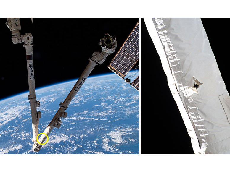 Two photos show the robotic arm with Earth in the background, and a close-up shows the small hole in the white thermal blanket on the arm