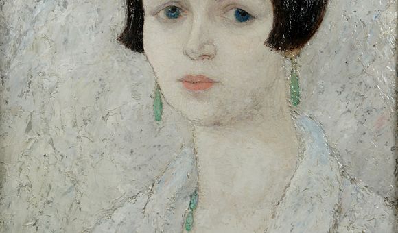Painted portrait of Cresse Crosby. Her short dark hair stands out against the light background.