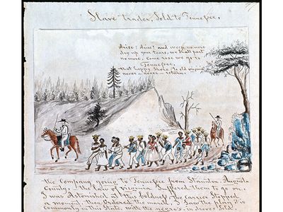 A coffle of slaves being marched from Virginia west into Tennessee, c. 1850.