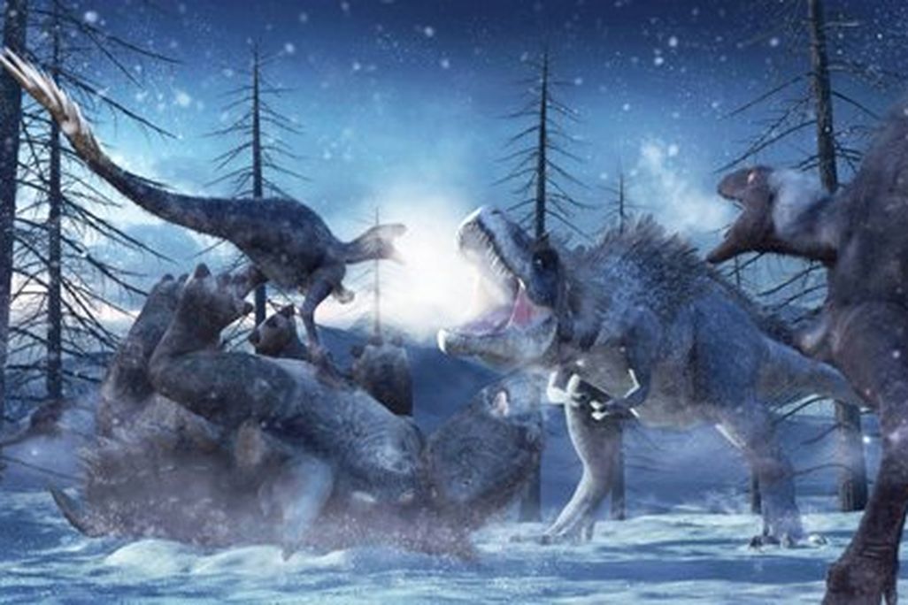 A Gorgosaurus tries to scare a group of Troodon away from a hapless ankylosaur in this promotional image for March of the Dinosaurs.