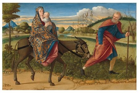 Vittore Carpaccio&#39;s Flight Into Egypt, c. 1515, depicts a scene from the Gospel of Matthew, in which Mary and Joseph flee the wrath of King Herod.