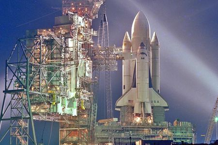 Space shuttle Columbia, on the pad before its first launch in April 1981