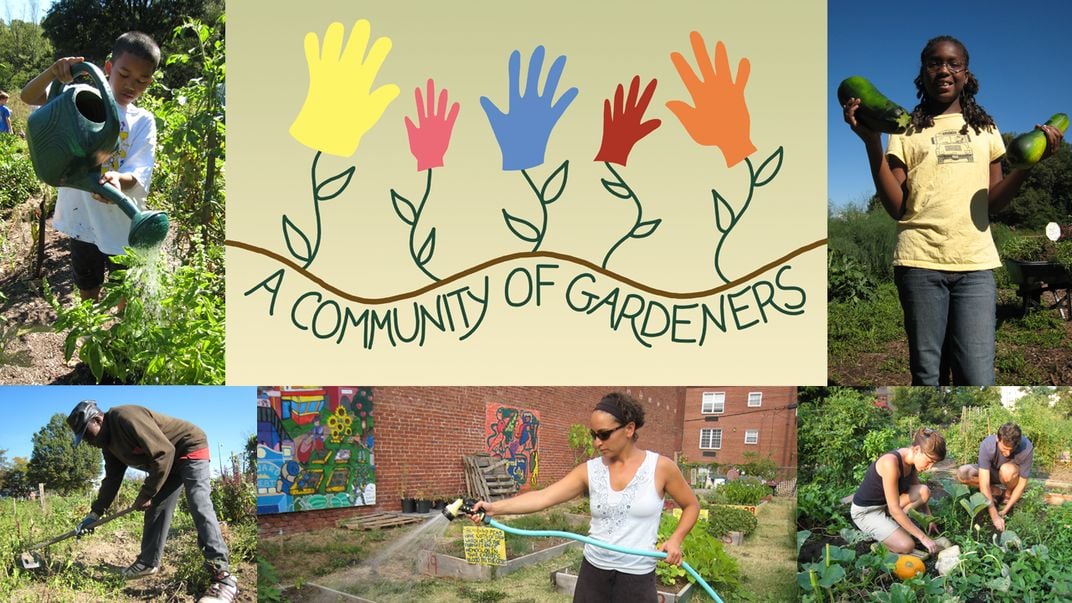 Collage of people in gardens with a "Community of Gardeners" graphic.