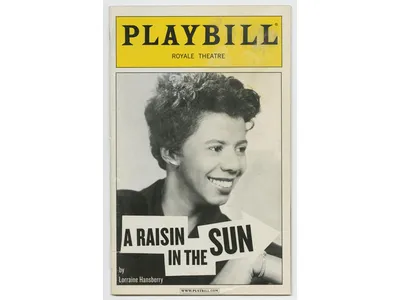 Playbill for "A Raisin in the Sun" with a black and white photo of playwright Lorraine Hansberry