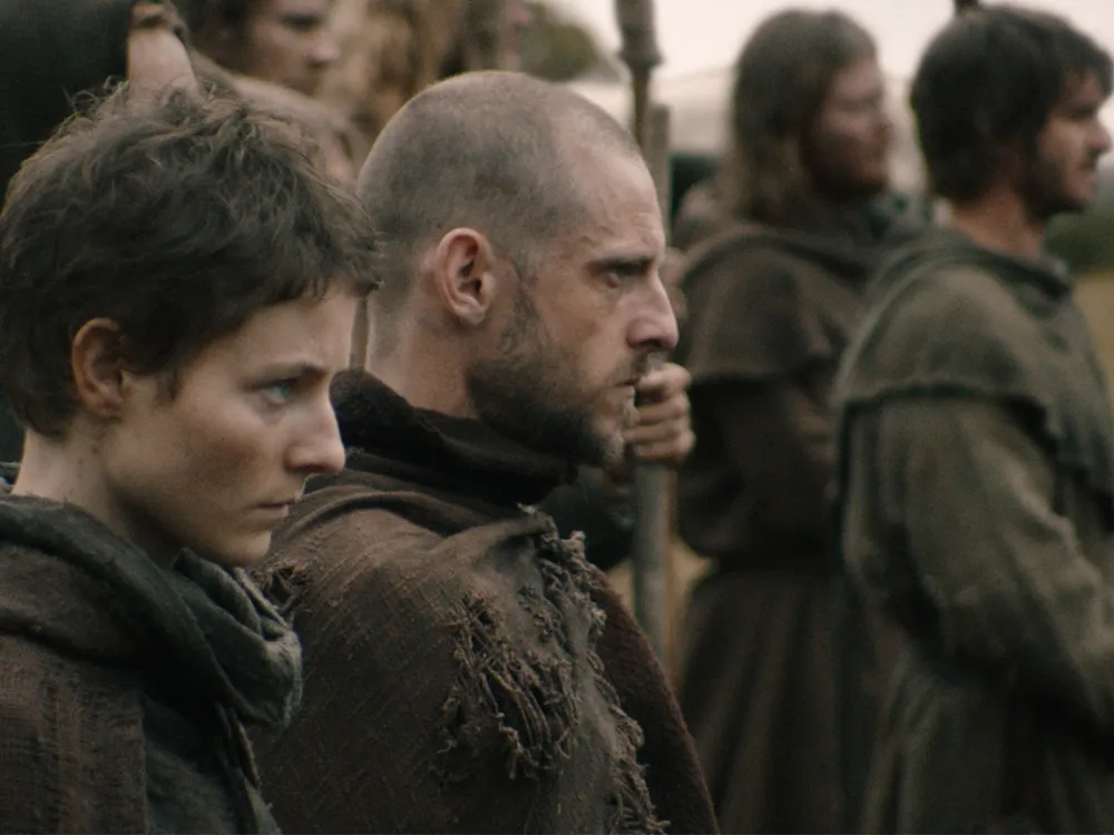 L to R: Thomas McKenzie as Alyce, Jamie Bell as John Ball and Andrew Garfield as Ploughman in The Uprising​​​​​​​, a new film by Paul Greengrass