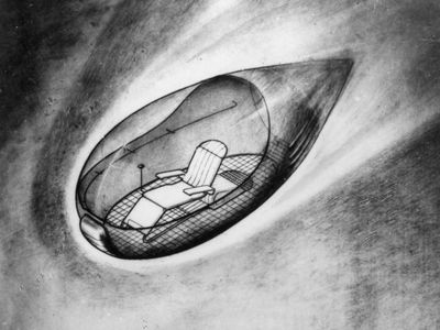 "The Cabin," the universal means of transportation within the flying city. (A drawing from Georgii Krutikov's 1928 work, "The City of the Future: The Evolution of Architectural Principles in Town Planning and Residential Organization.")
