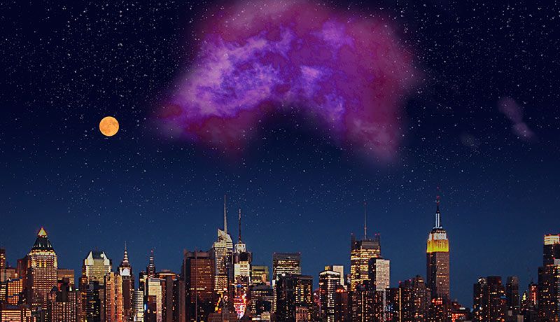 New York City skyline with a large purple cloud visible in the sky beside a bright full moon