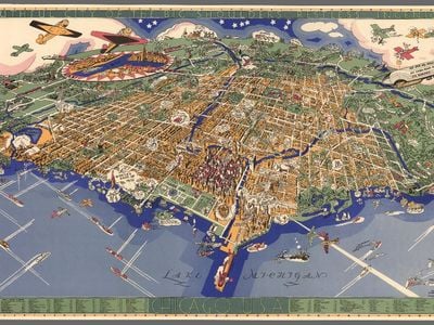 An Illustrated Map of Chicago, Youthful City of the Big Shoulders, Restless, Ingenious, Wilful, Violent, Proud to be Alive! by Charles Turzak, Boston, 1931. A whimsical map of the city including parks, planes, and even Lake Michigan sea monsters
