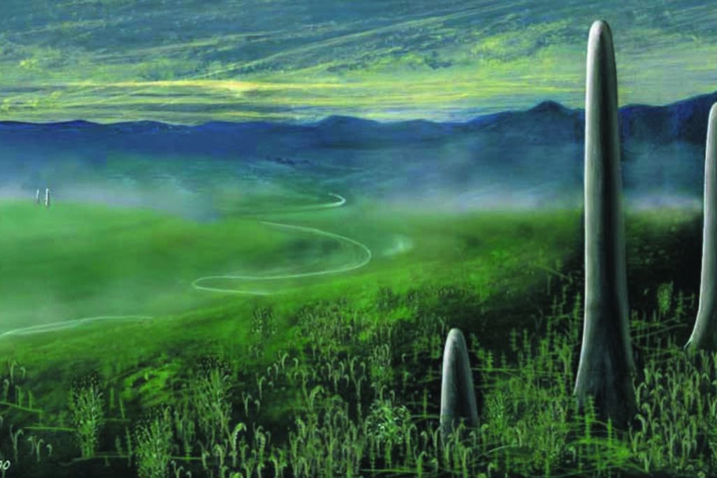 a painting in which giant spires stand over a grassy landscape with mountains in the background