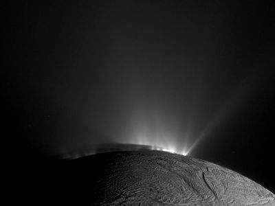 Enceladus and its geysers, as seen by Cassini.
