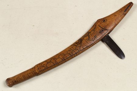 A club from Massachusetts in the shape of a fish, probably Atlantic sturgeon, dates to about 1750. The area was previously thought to have only one language at the time of European contact, but new research reveals there were five Native American languages were spoken in the Connecticut Valley of central Massachusetts.