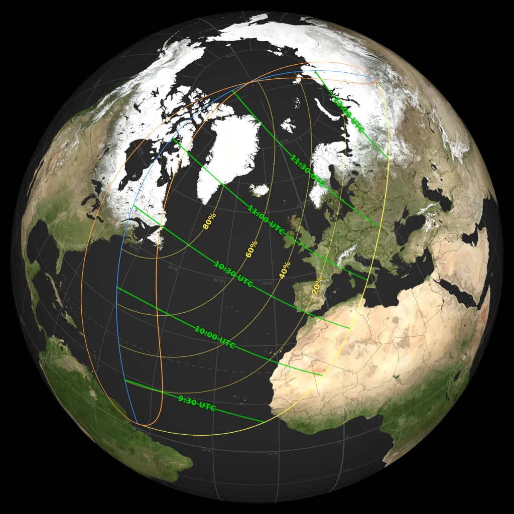 map of eclipse locations over eastern North America, western Europe, western Africa and northern Siberia
