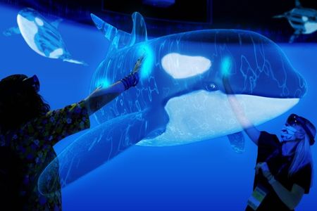 Two people an augmented-reality experience wear headsets while reaching out to "touch" a holographic killer whale.