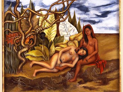 Two Nudes in a Forest, from 1939, one of the paintings on display in the Bronx. Kahlo painted it for Dolores del Río, an actor who played the role of the "other" in Hollywood films and who often played Indian women in Mexican films despite that she was not herself of indigenous descent, as Joanna L. Groarke writes in the book that accompanies the exhibition. 