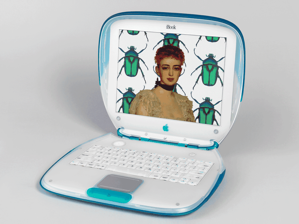 Portrait of Eleanor Garnier Hewitt, who co-founded Cooper Hewitt with her sister Sarah, painted in 1888 by Antonia de Bañuelos and an iBook Laptop Computer designed in 1999 by the Apple Industrial Design Team.