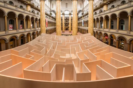 The maze is constructed out of glossy maple plywood.
