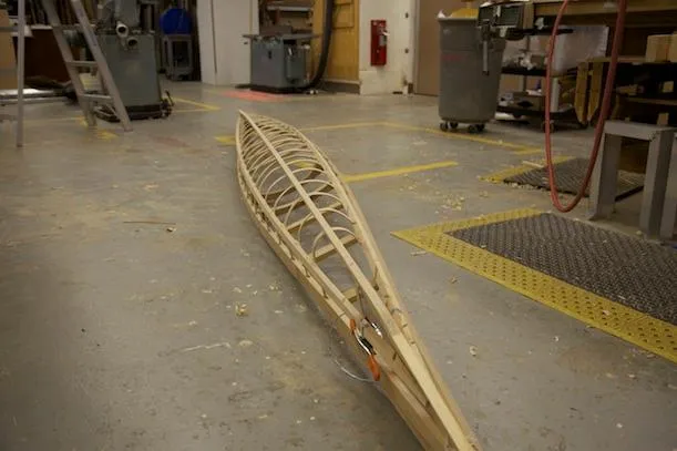 To build the kayak’s frame, Popovich chose ash, a heavy but malleable wood