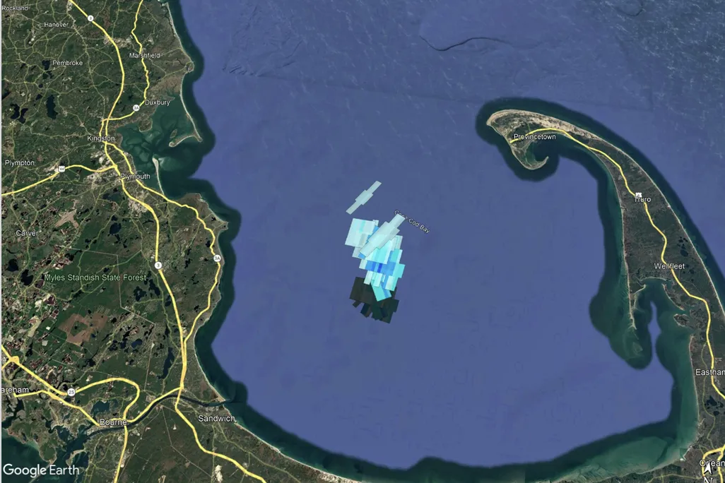 pins indicating a location on a map including part of Cape Cod