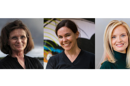 From left to right there are three panels. In the first panel, Dr. Nancy Knowlton is smiling in front of a dark, cloudy sky. She has brown hair and is wearing glasses and a black wet suit. In the second panel, Dr. Rachel Page is smiling, has her hair up,