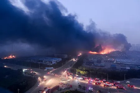 Dense smoke rises as fire engines arrive at the blast site after the deadly explosions in Binhai New Area in Tianjin, China. 