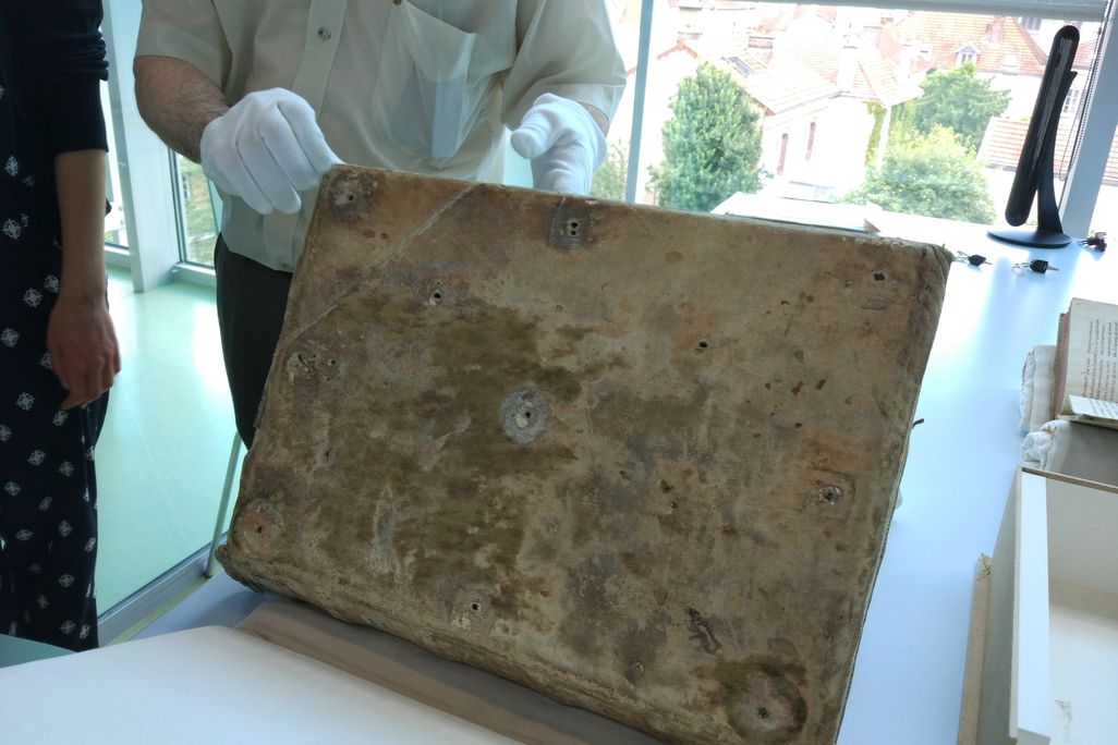 Person with gloved hands holding up an old book