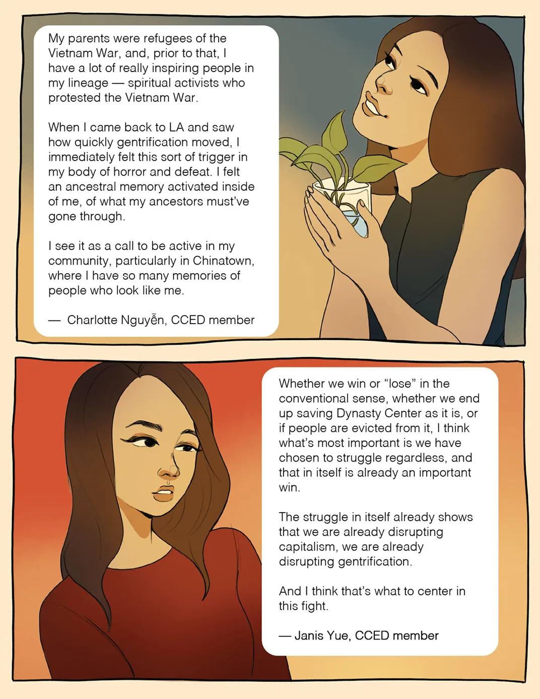 Illustrated comic page. Top panel: portrait of Charlotte Nguyễn with long, black hair and sleeveless black button-up shirt, holding plant cuttings in a glass.