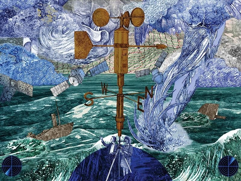 illustration of an anemometer which measures wind speed and direction.