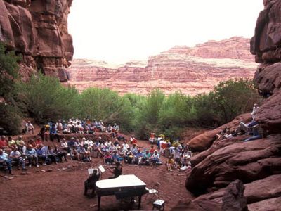 The view from the back of the grotto looking toward the Colorado River during a Moab Music Festival concert