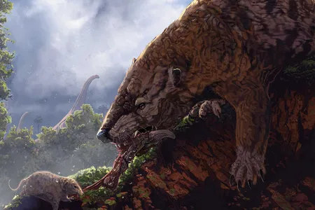 The ancient mammal Gobioconodon (right) squabbles with a therian mammal over a meal in the Late Cretaceous.