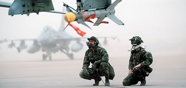 During Desert Storm, most fighters packed Sidewinders: F-16s armed with the missiles await the next mission.