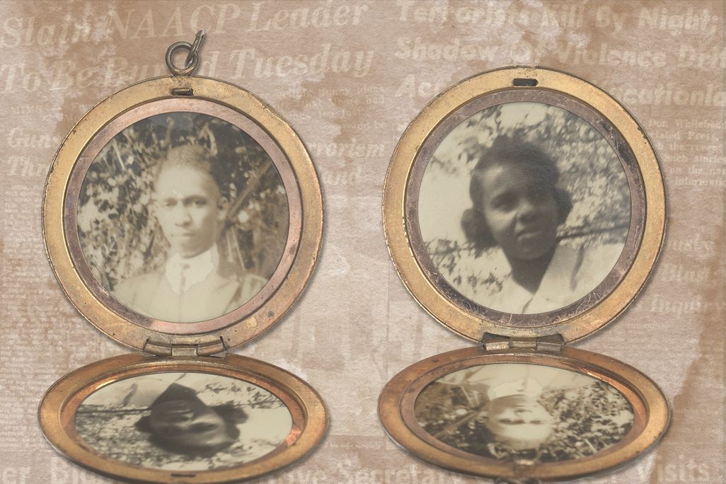 Lockets featuring photos of Harry T. and Harriette V. Moore in front of a collage of newspaper headlines about the 1951 bombing
