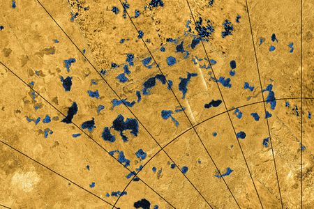 Colorized radar images from the Cassini spacecraft show some of the many lakes on Titan