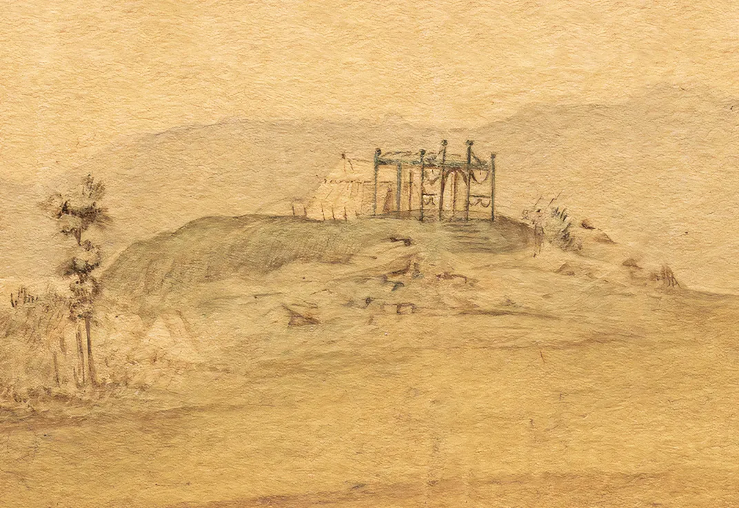 a watercolor of a battle tent on a hillside