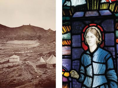 Left, British Army camped at Balaklava in Crimea. Right, an angelic Nightingale animates a stained glass window crafted around 1930. opener-social media