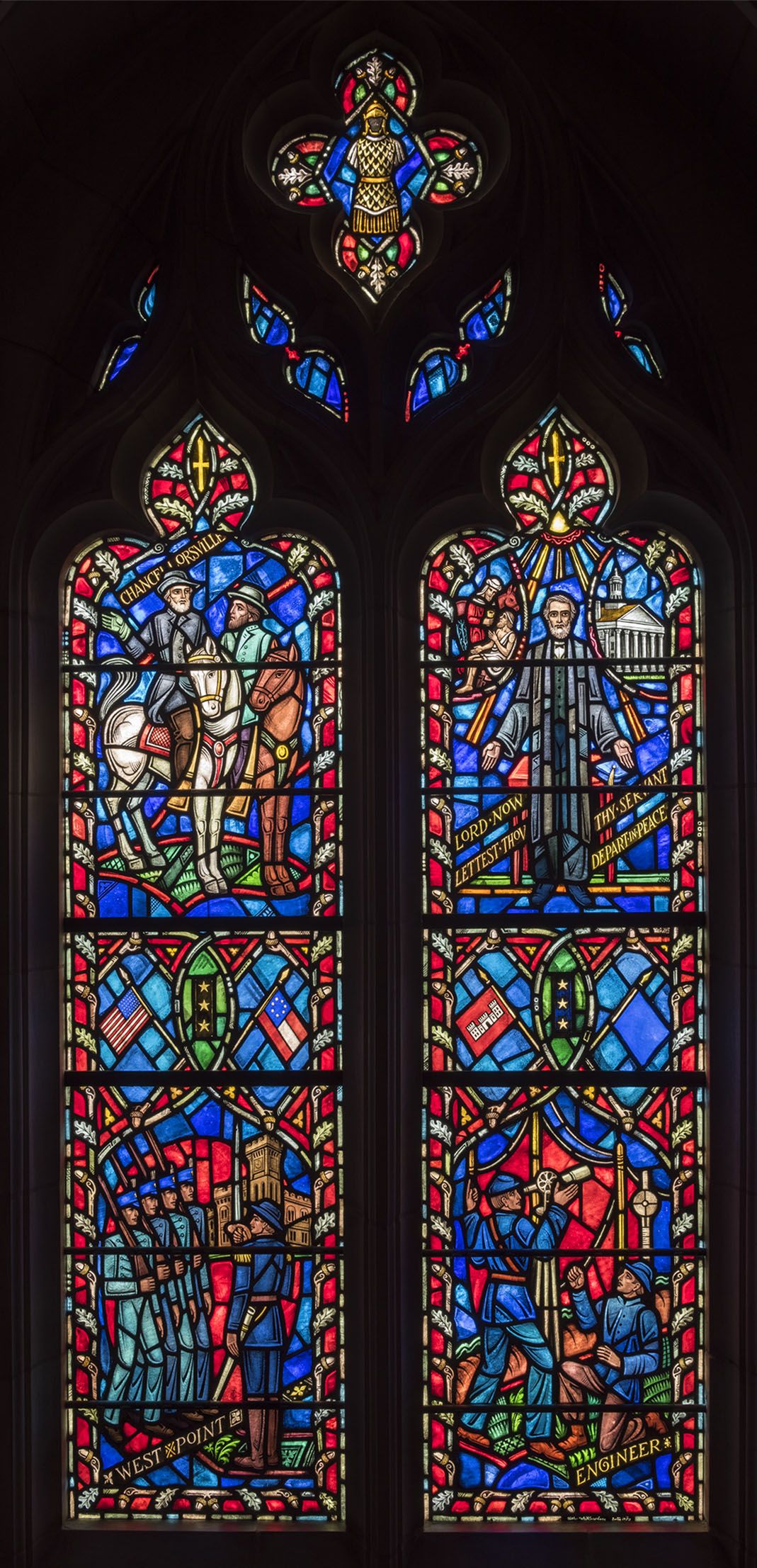 Stained glass window dedicated to Robert E Lee, rendered in bright blues and reds