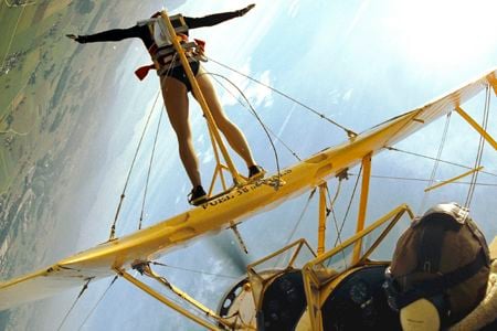 Peggy Krainz and pilot David Potuznik go for a spin over Gmunden, Austria. Krainz is also a general aviation flight instructor and plans to train wingwalkers.