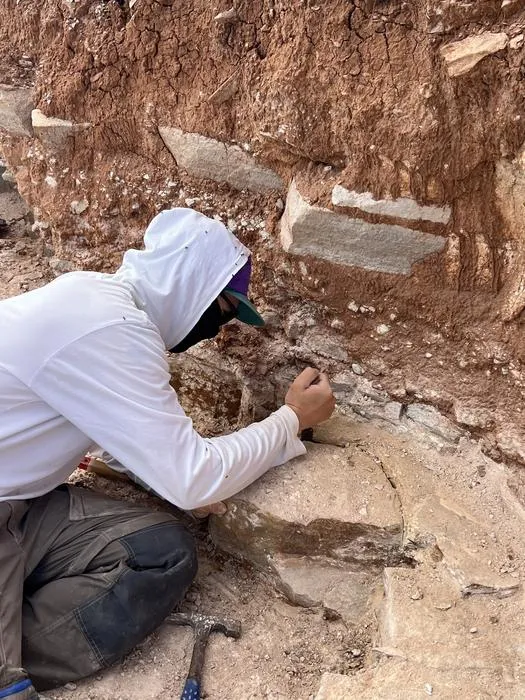 a researcher working on what looks like rock layers