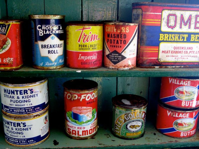 Collection of various tins canned goods food metal