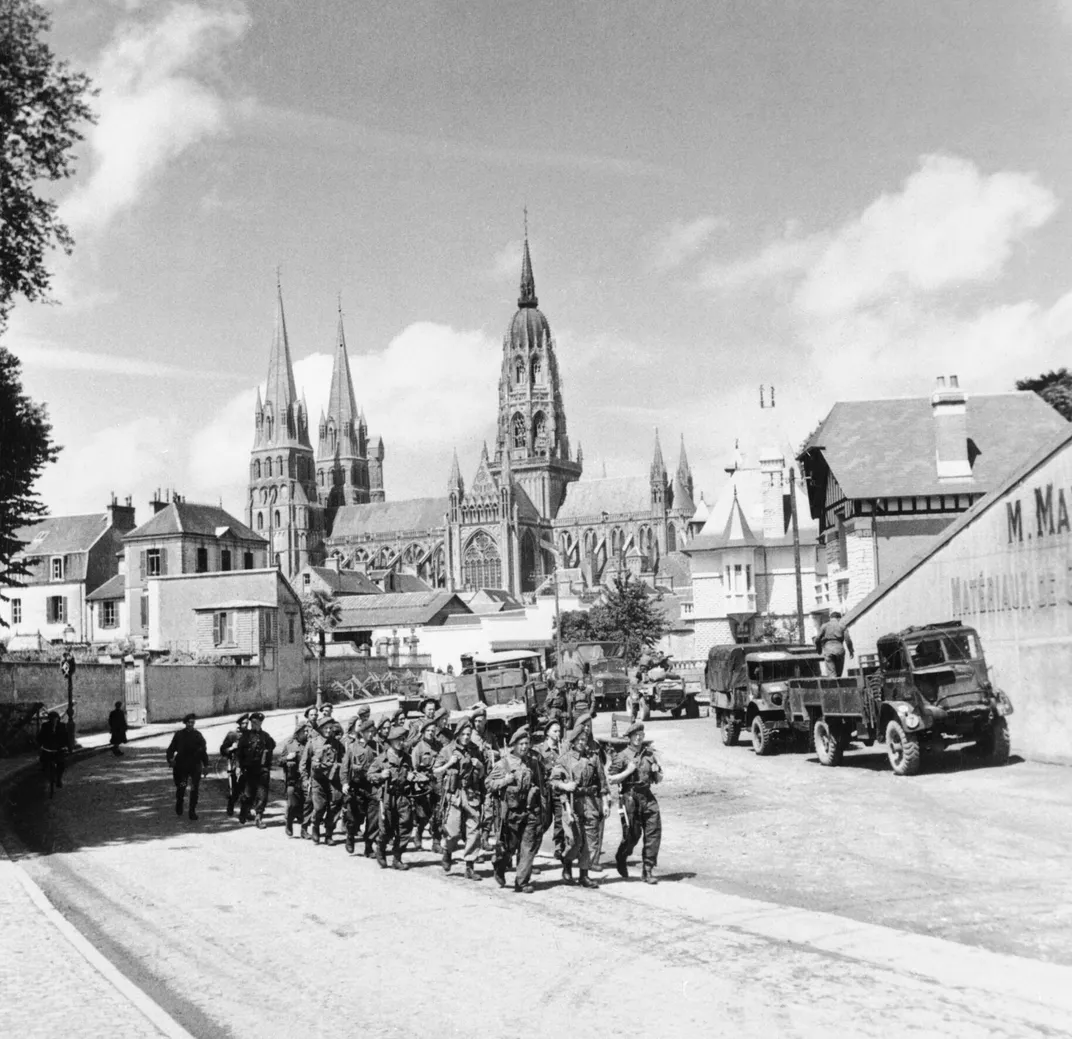 Allied troops liberate Bayeux in June 1944.