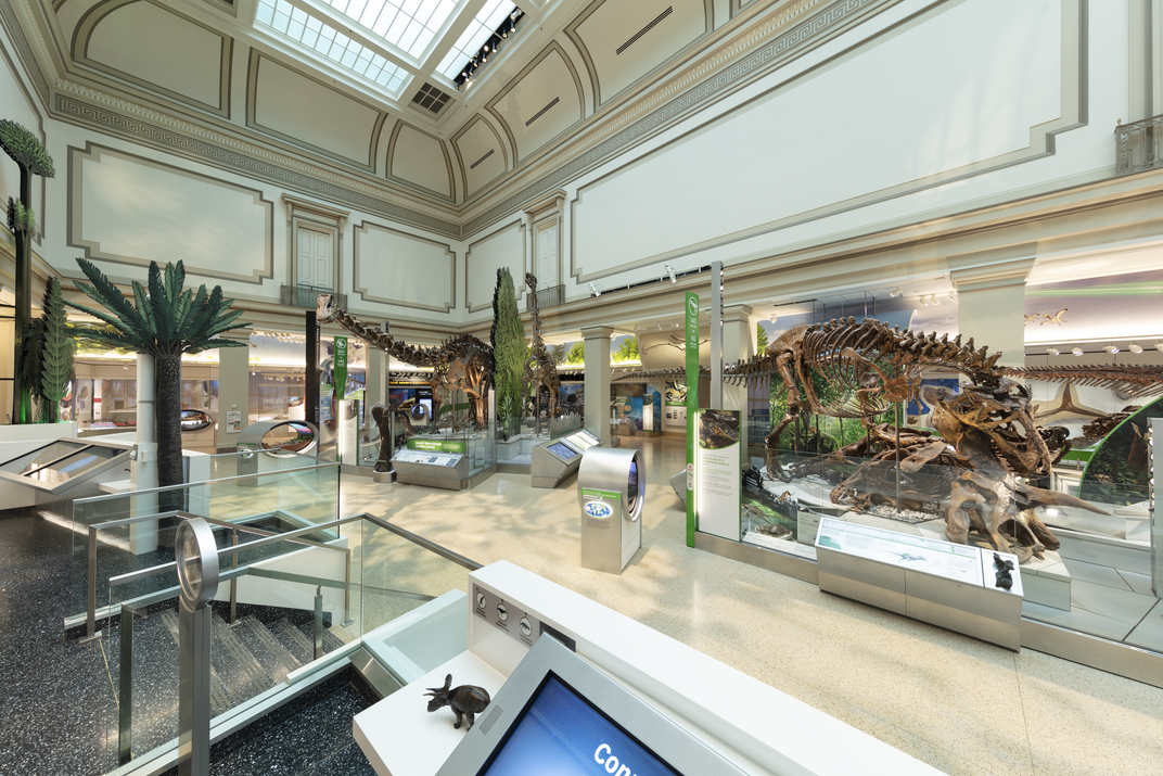T. rex munching on a dead triceratops, diplodocus and other large dinosaurs sprinkle the main path of the new fossil hall
