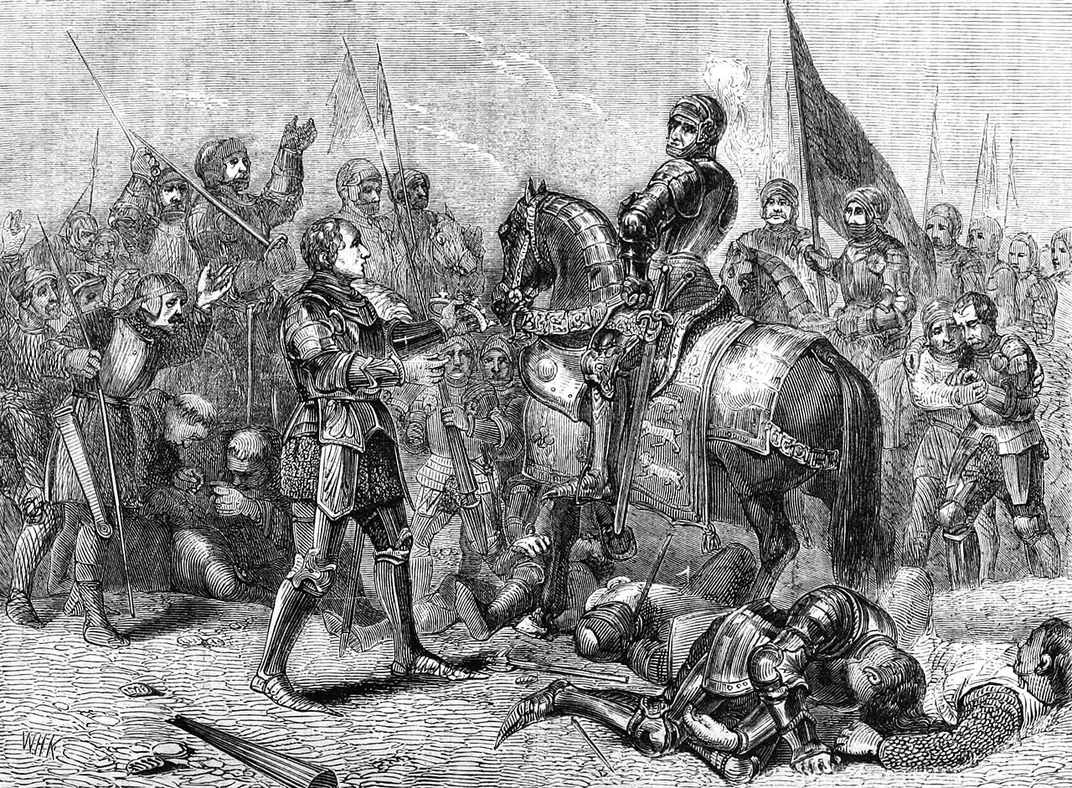 A 19th-century drawing of Thomas Stanley offering Richard III's crown to Henry VII after the Battle of Bosworth Field