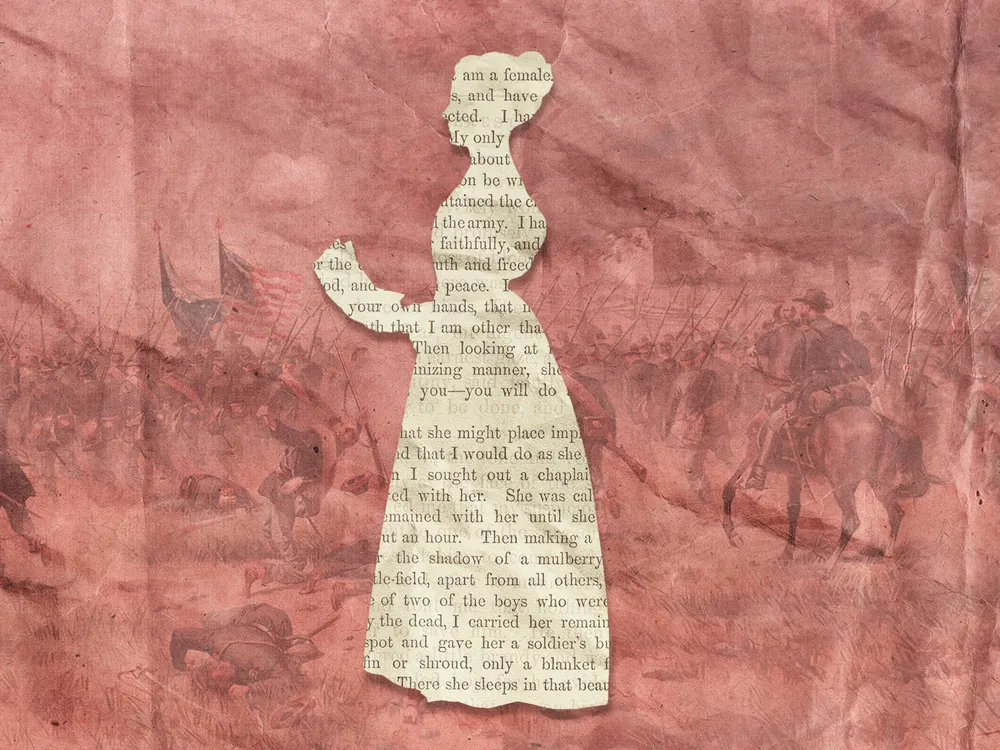 A silhouette of a woman in front of a depiction of the Battle of Antietam